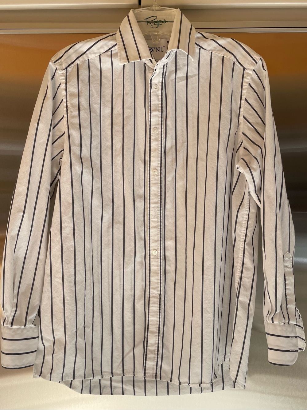 Women's White Button-Up Blouse with Gray Pinstripes
